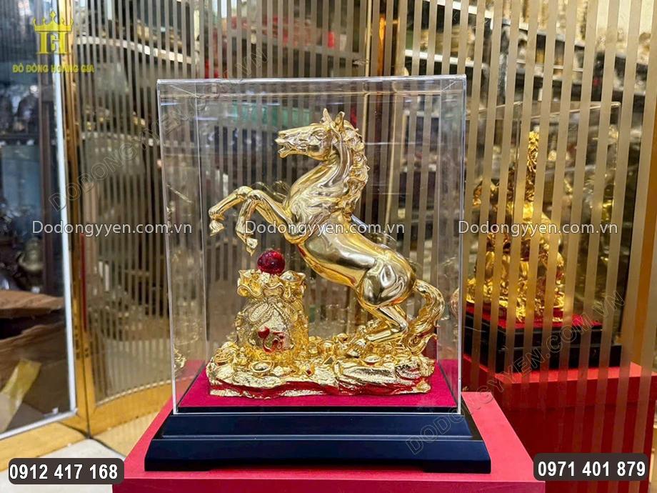 Tượng Ngựa T&uacute;i Tiền T&agrave;i Lộc Bằng Đồng D&aacute;t V&agrave;ng 24K